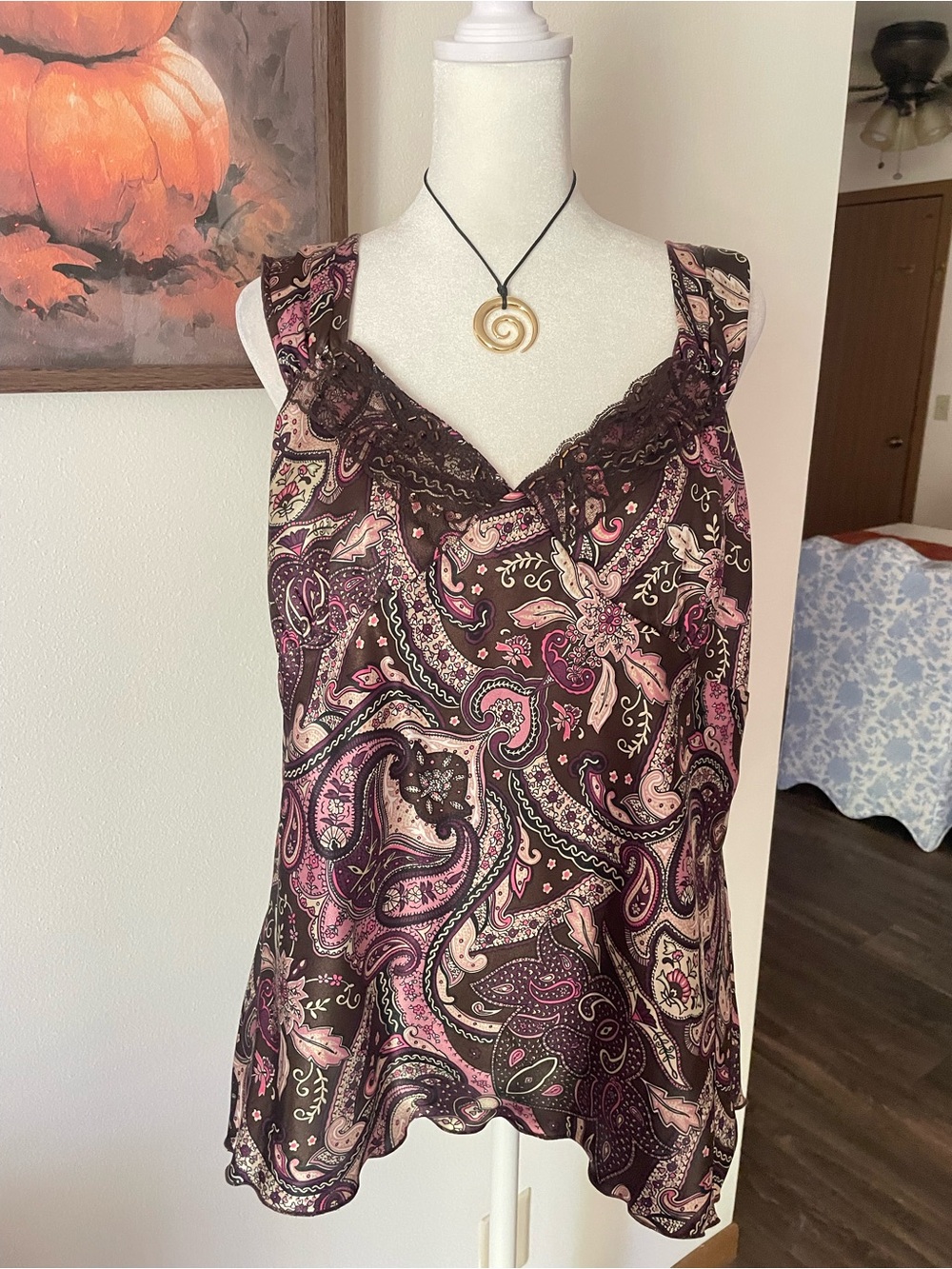 Fashion Bug Y2K 90s Vintage Beaded Lace Trim Paisley Cami Tank Top